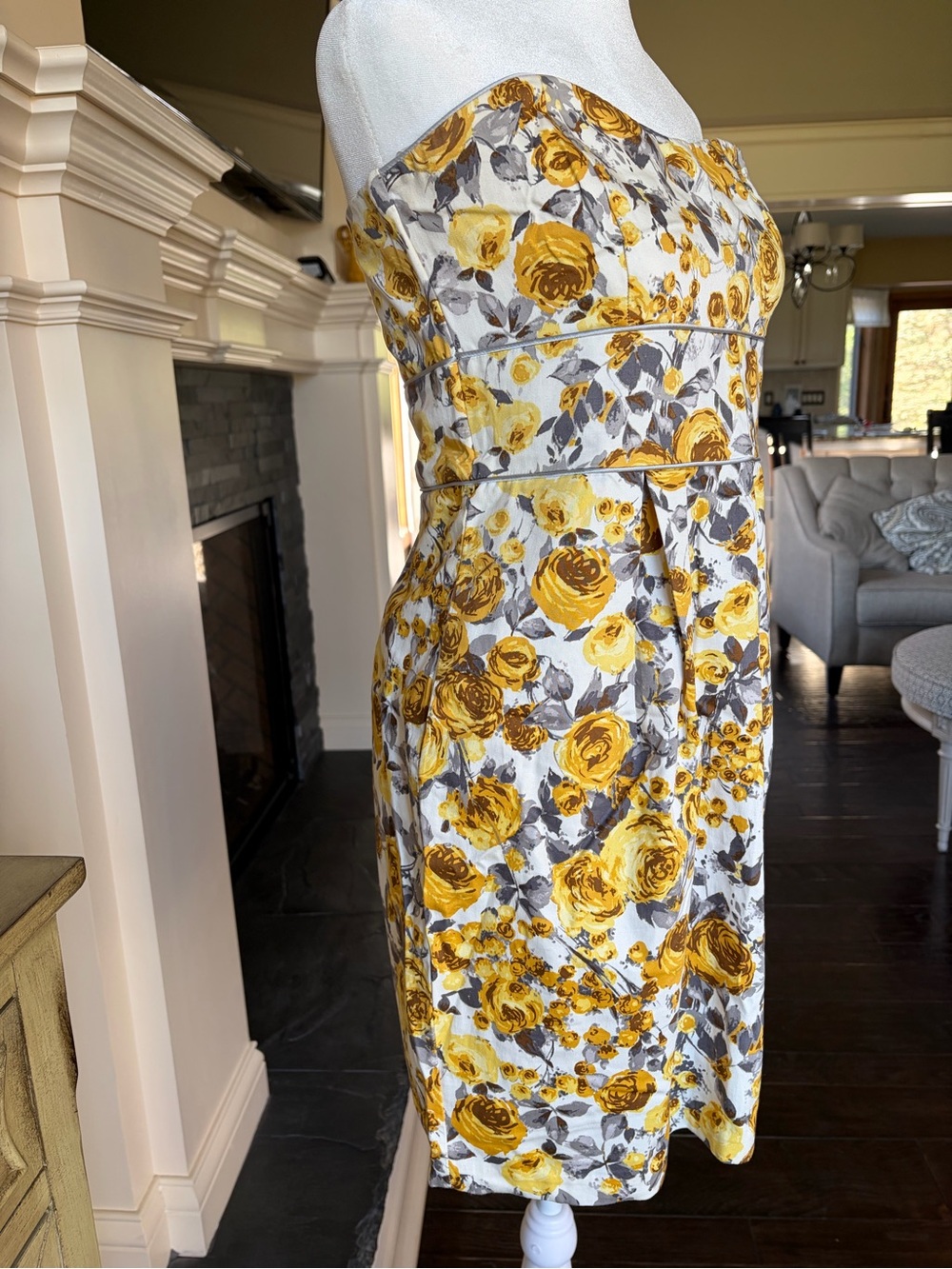 B. Smart Yellow/Gray Floral Strapless Sundress Sz 10 Cotton Pockets Vintage Y2K - Picture 5 of 10
